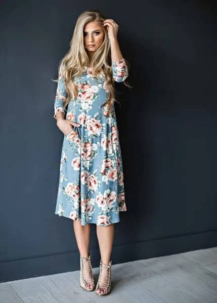 Sky Blue and White Floral Printed Swing Midi Dress