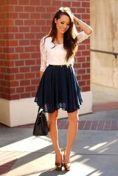 White Lace Half Sleeve Top with Chiffon Mini Skater Skirt