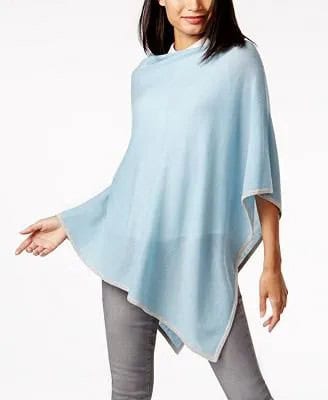 Teal Semi-Sheer Cashmere Poncho Over White Button Up Shirt