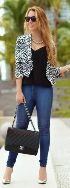 Black and White Printed Cropped Blazer with Low Cut Vest Top