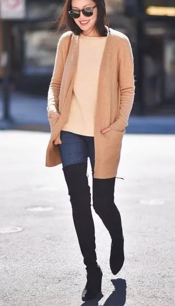 Blush Pink Wool Coat with Ivory Sweater & Thigh High Boots