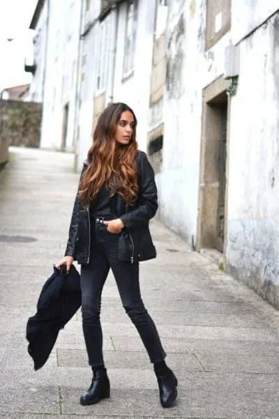 Black Leather Coat with Button Up Shirt & Skinny Jeans