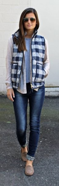 Black and White Plaid Vest with White Linen Shirt & Jeans