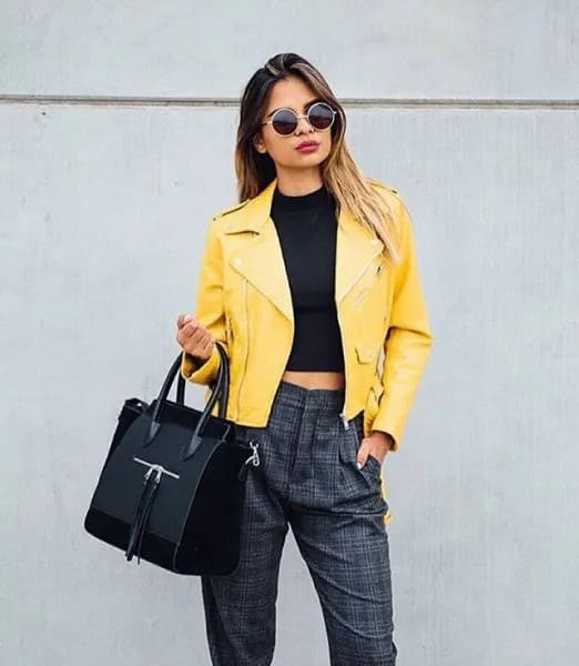 Wear with Black Mock Neck Crop Top & Grey Plaid Pants