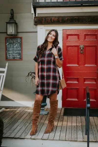 Grey and White Pleated Tunic with Brown Suede Knee High Boots