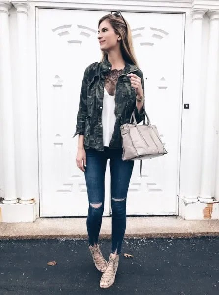 White Low Scoop Neck Tank Top with Camo Jacket & Dark Skinny Jeans