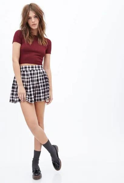 Red Cropped T Shirt with High Waisted Black and White Plaid Mini Skirt