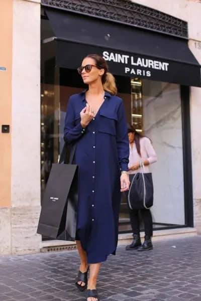 Navy Blue Maxi Coat Dress with Heeled Sandals