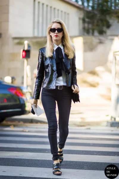 Black Bow Scarf with White Button Up Shirt & Sequin Blazer