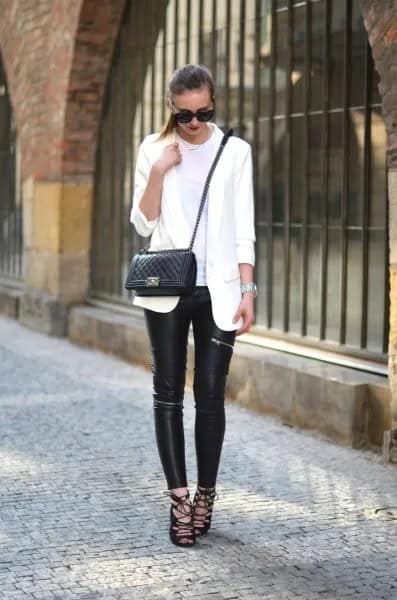 White Oversized Blazer with Black Leather Leggings & Lace Up Sandals