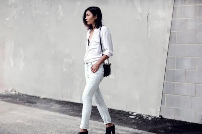 White Shirt with Matching Jeans & Black Open Toe Heels