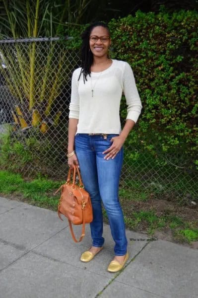 White Fitted Sweater with Blue Skinny Jeans & Gold Rounded Toe Loafers