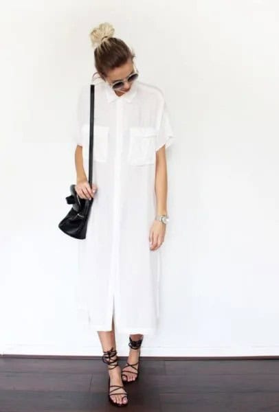 White Maxi Summer Tunic Blouse with Black Gladiator Sandals