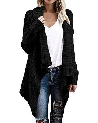 Black Cable Knit Shawl Sweater with White Linen V Neck Tee & Ripped Jeans