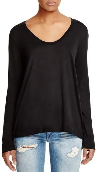 Black Scoop Neck Long Sleeve Tee with Light Blue Ripped Jeans