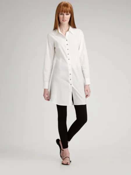 White Long Sleeve Tunic Shirt with Black Leggings & Flip Flops