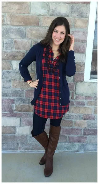 Wear with Navy Cardigan & Knee High Boots