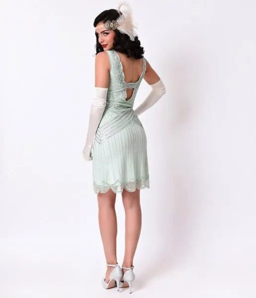 Low Back Flapper Dress with White Heels