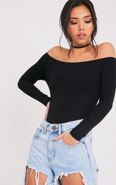 Black Off The Shoulder Bodysuit Top with Light Blue Ripped Boyfriend Jeans