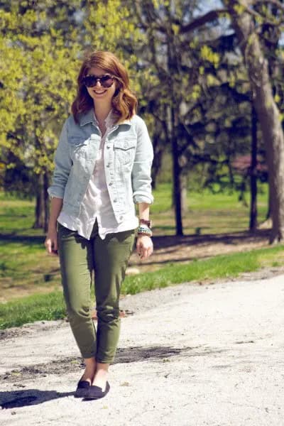 Light Blue Denim Jacket with White Linen Blouse & Green Slim Fit Pants