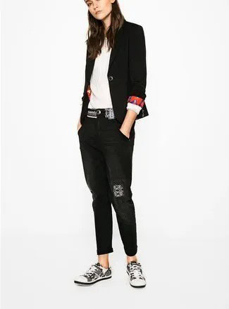 Black Blazer with White Pleated Blouse & Cuffed Jeans