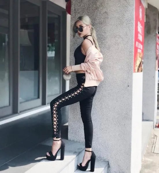 Black Crop Top with Leather Lace Up Leggings & Open Toe High Heels