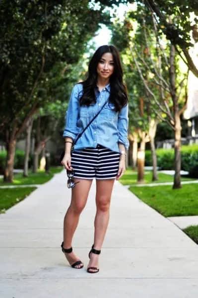 Striped Shorts with Blue Chambray Shirt