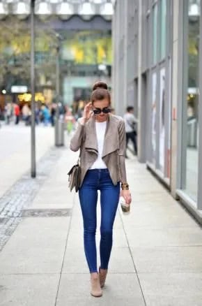 Grey Suede Blazer with Blue Super Skinny Jeans