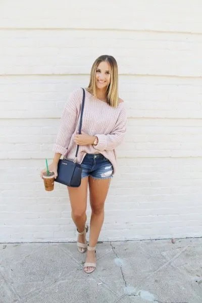 Light Grey Oversized Sweater with Blue Ripped Denim Shorts