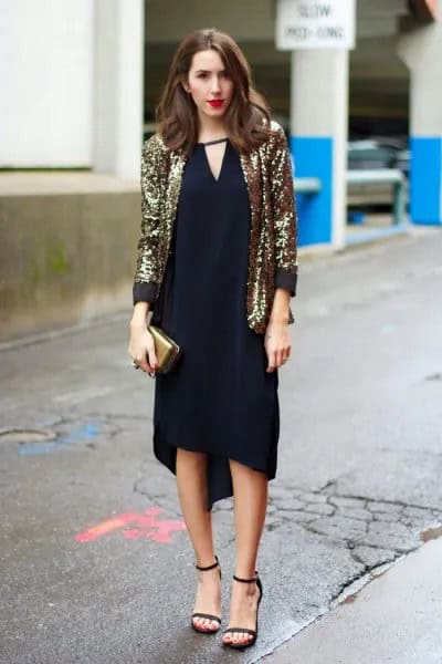 Gold Sequin Blazer with Black Shift Midi Dress