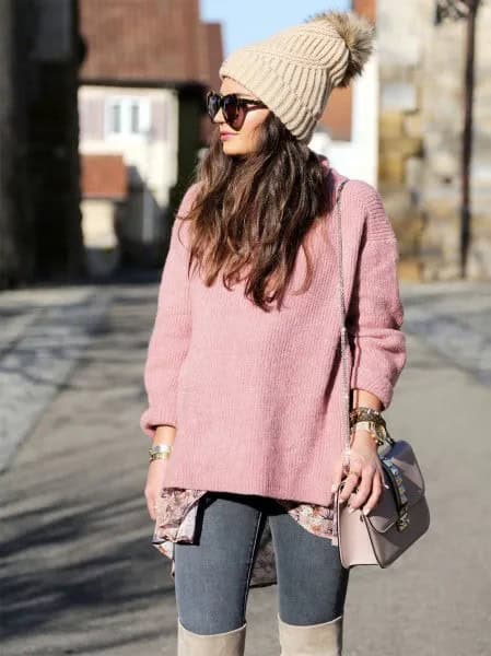 Blush Pink Cashmere Pullover with Knit Hat & Thigh High Boots