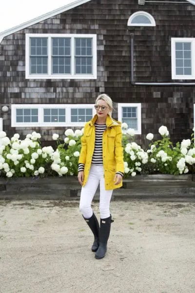 Rain Jacket with Black and White Striped Long Sleeve Tee