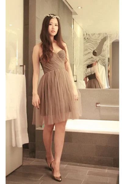 Strapless Tulle Midi Flared Dress with Bronze Heels