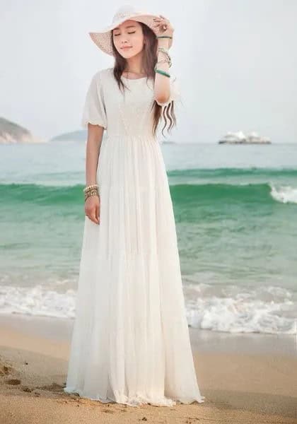 White Floppy Hat with Long Chiffon Summer Dress