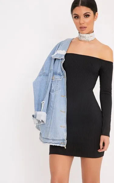 Black Off The Shoulder Bodycon Mini Ribbed Dress