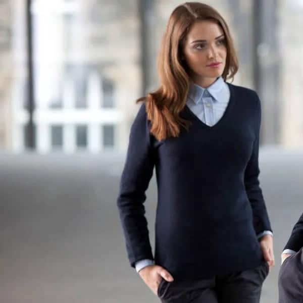 Navy Blue V Neck Sweater with Light Blue Chambray Shirt