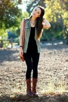 Black Tank Top with Matching Skinny Jeans & Mid Calf Lace Up Boots