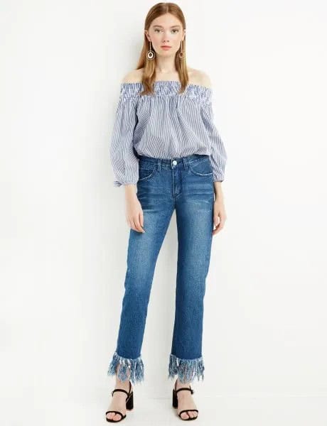 Blue and White Striped Off The Shoulder Blouse with Fringe Hem Jeans