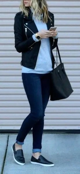 Black Leather Slip On Shoes with Blazer & Skinny Jeans