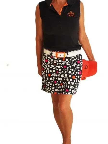 Black Sleeveless Polo Shirt with Red and White Printed Skort