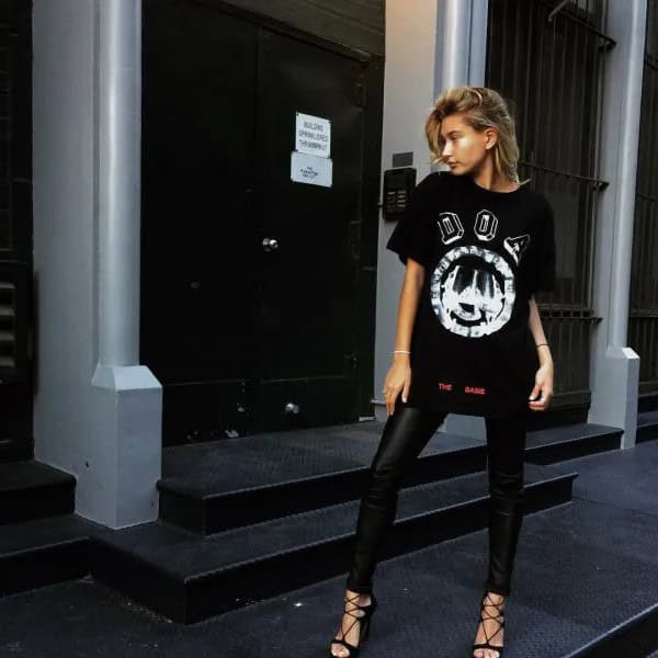 Black Oversized Graphic Tee with Leather Leggings & Strappy Heels