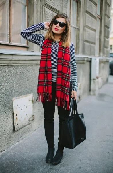 Black and White Striped Long Sleeve Tee with Red Scarf