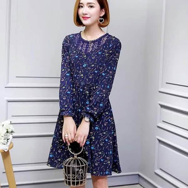 Dark Royal Blue Floral Printed Mini Swing Dress