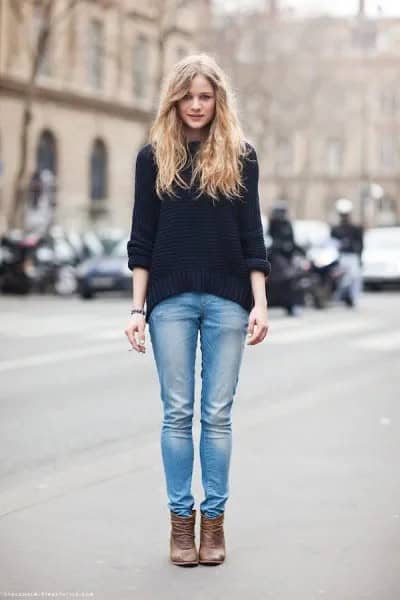 Brown Leather Ankle Boots with Comfy Sweater & Jeans