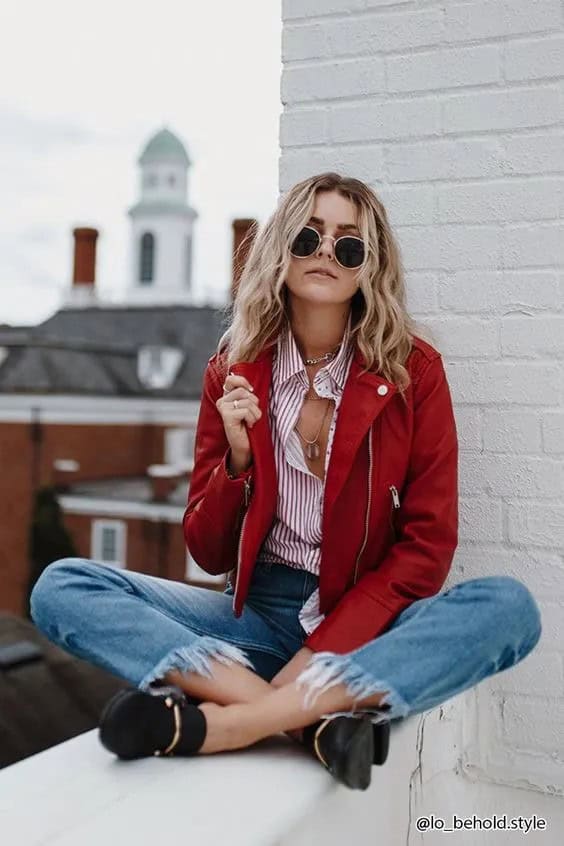 Striped Button Down + Red Leather Jacket