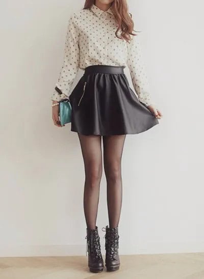 Blush Pink Polka Dot Shirt with Black High Waisted Mini Skater Skirt