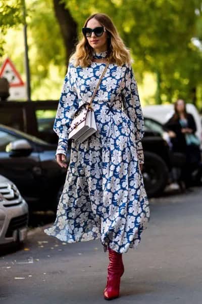 Navy Blue and White Floral Printed Midi Dress with Black Leather Boots