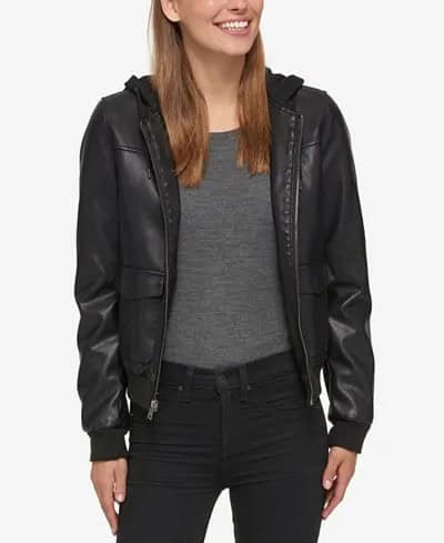 Hooded Bomber Leather Jacket with Grey Tee & Black Skinny Jeans