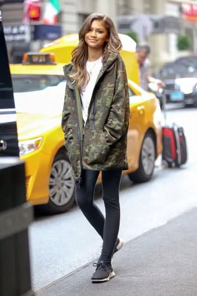 Oversized Camo Jacket with White Tee & Running Tights