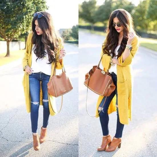 Midi Length Cardigan with Blue Skinny Jeans & Camel Boots